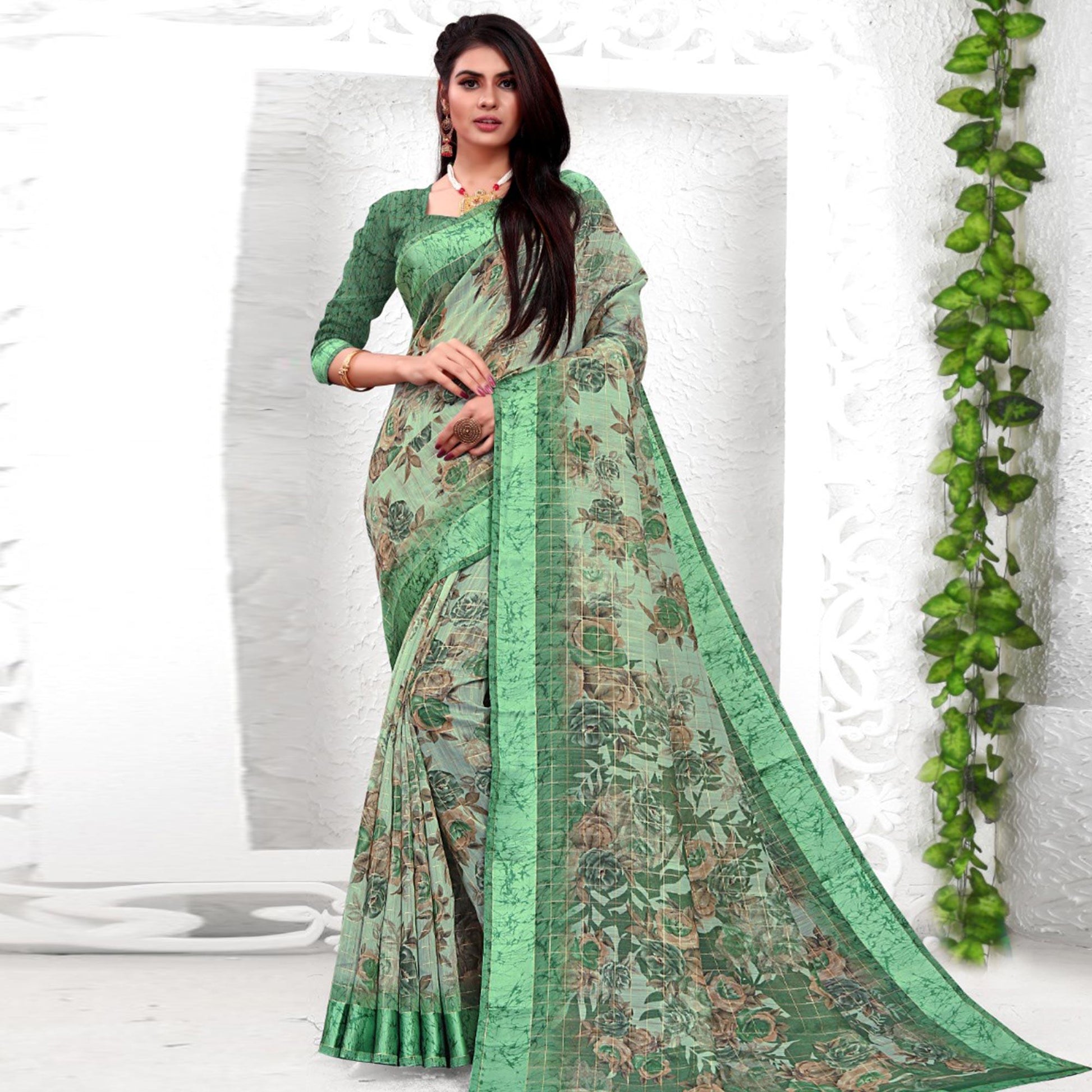 Exotic Green Colored Casual Wear Printed Cotton Saree