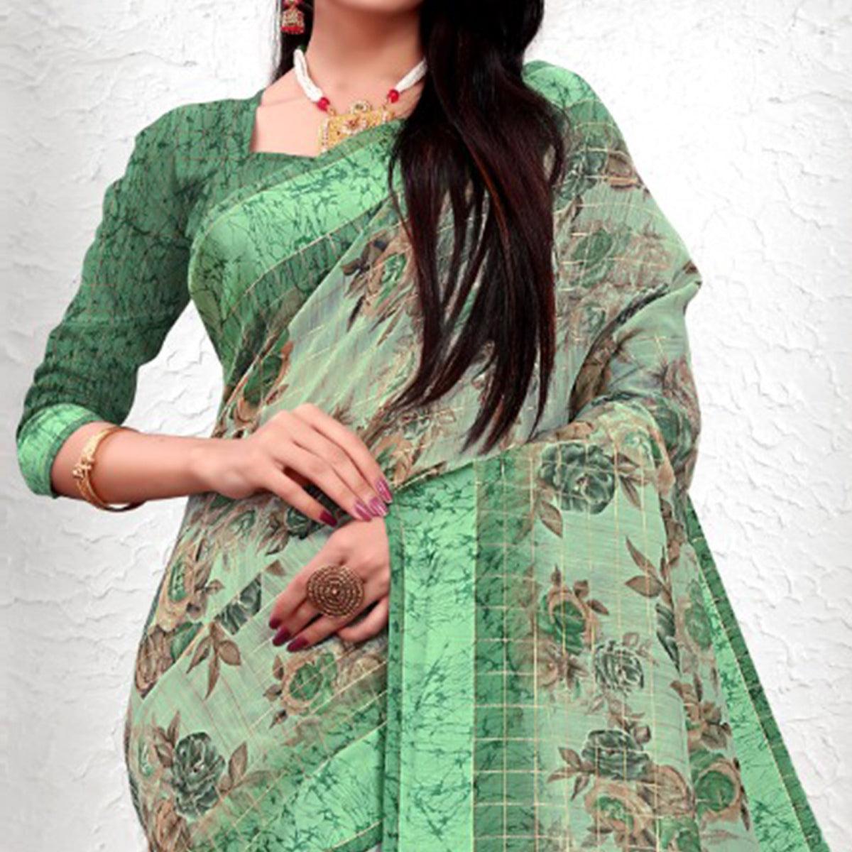 Exotic Green Colored Casual Wear Printed Cotton Saree