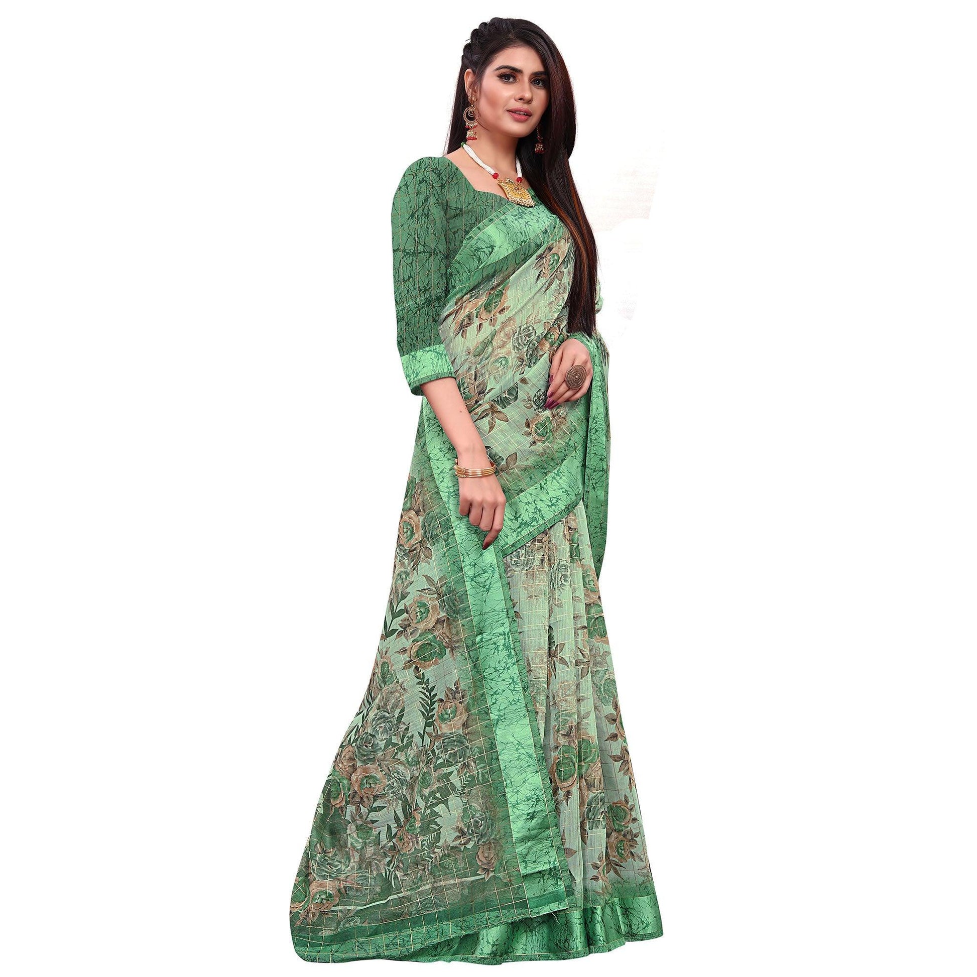 Exotic Green Colored Casual Wear Printed Cotton Saree