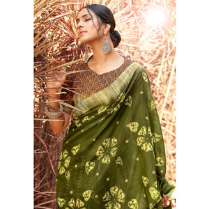 Exotic Green Colored Digital Printed Festive Wear Linen Designer Saree