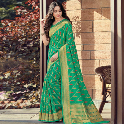 Exotic Green Colored Festive Wear Woven Cotton Handloom Saree