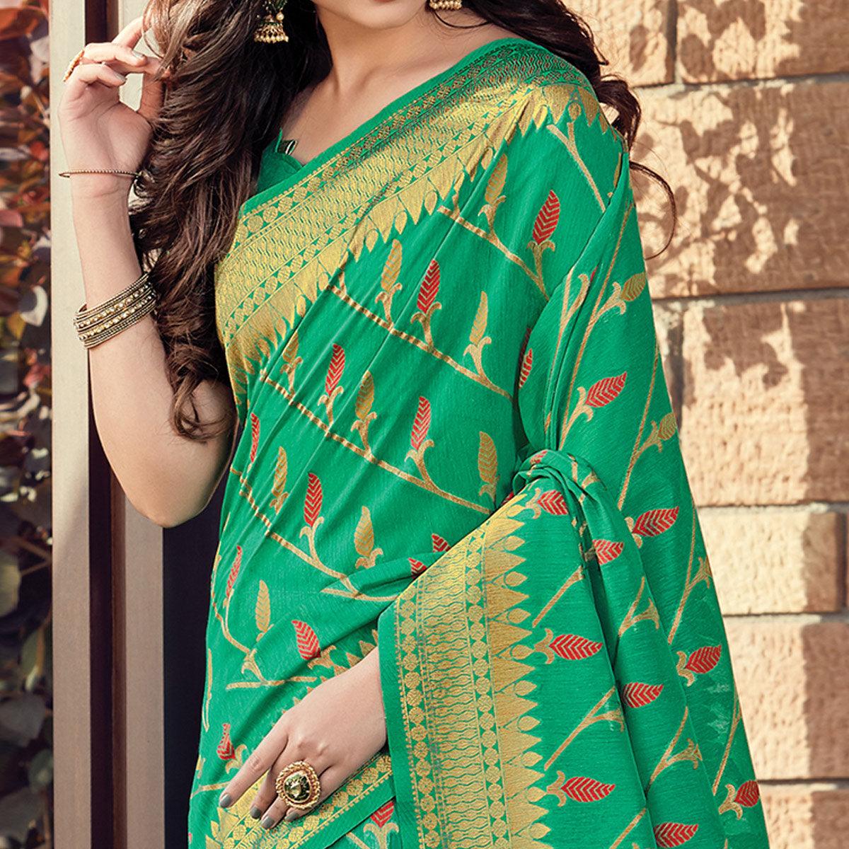 Exotic Green Colored Festive Wear Woven Cotton Handloom Saree
