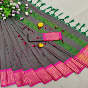 Exotic Green Colored Festive Wear Woven Cotton Silk Saree