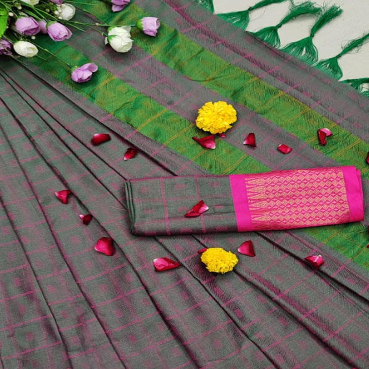 Exotic Green Colored Festive Wear Woven Cotton Silk Saree