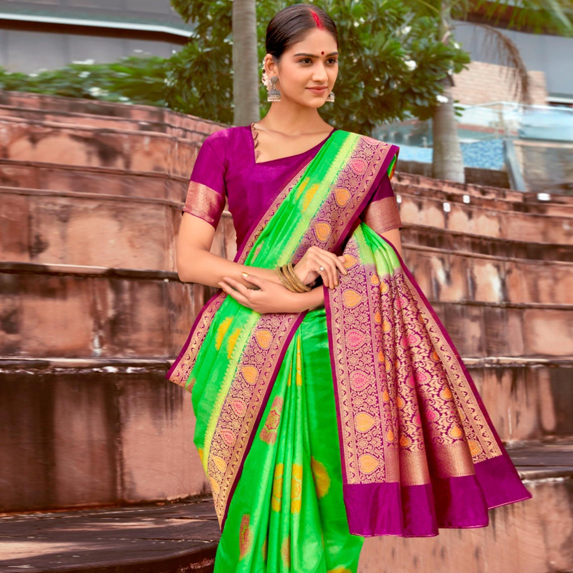 Exotic Green Colored Festive Wear Woven Silk Saree
