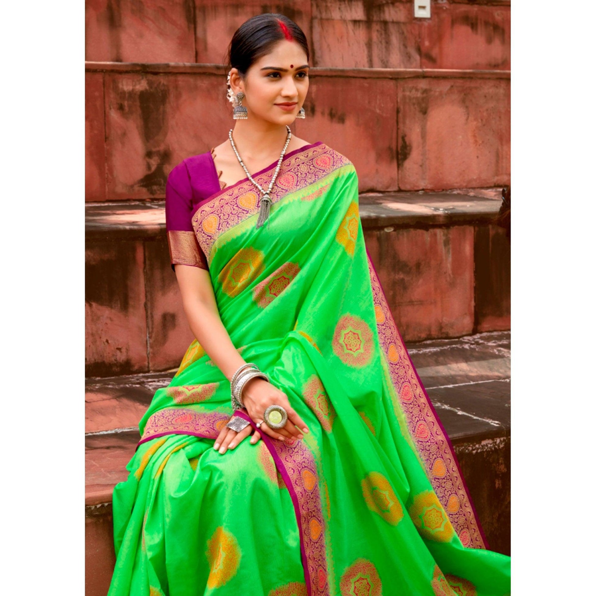Exotic Green Colored Festive Wear Woven Silk Saree