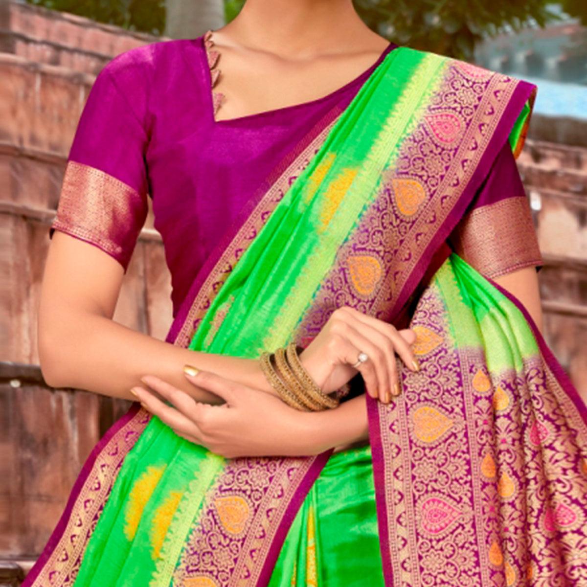 Exotic Green Colored Festive Wear Woven Silk Saree