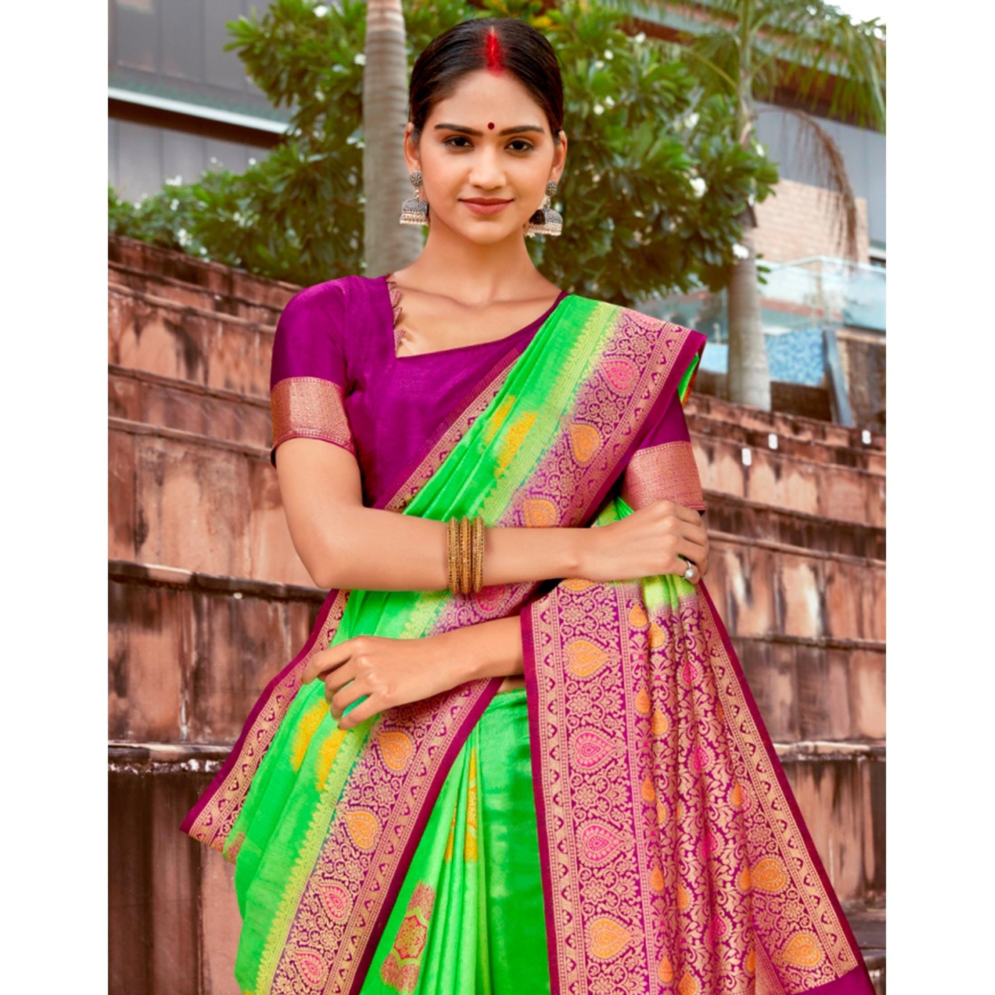 Exotic Green Colored Festive Wear Woven Silk Saree