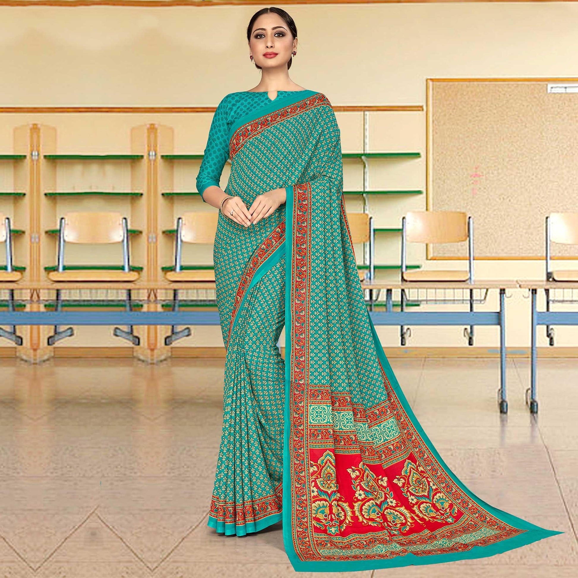 Exotic Green Coloured Casual Wear Printed Crepe Saree