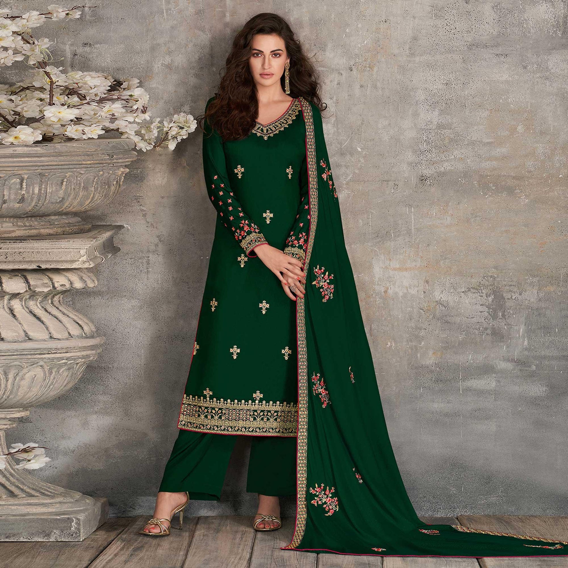 Exotic Green Coloured Partywear Designer Heavy Rangoli Georgette Palazzo Suit