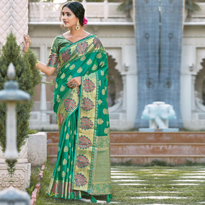 Exotic Green Coloured Partywear Woven Silk Saree