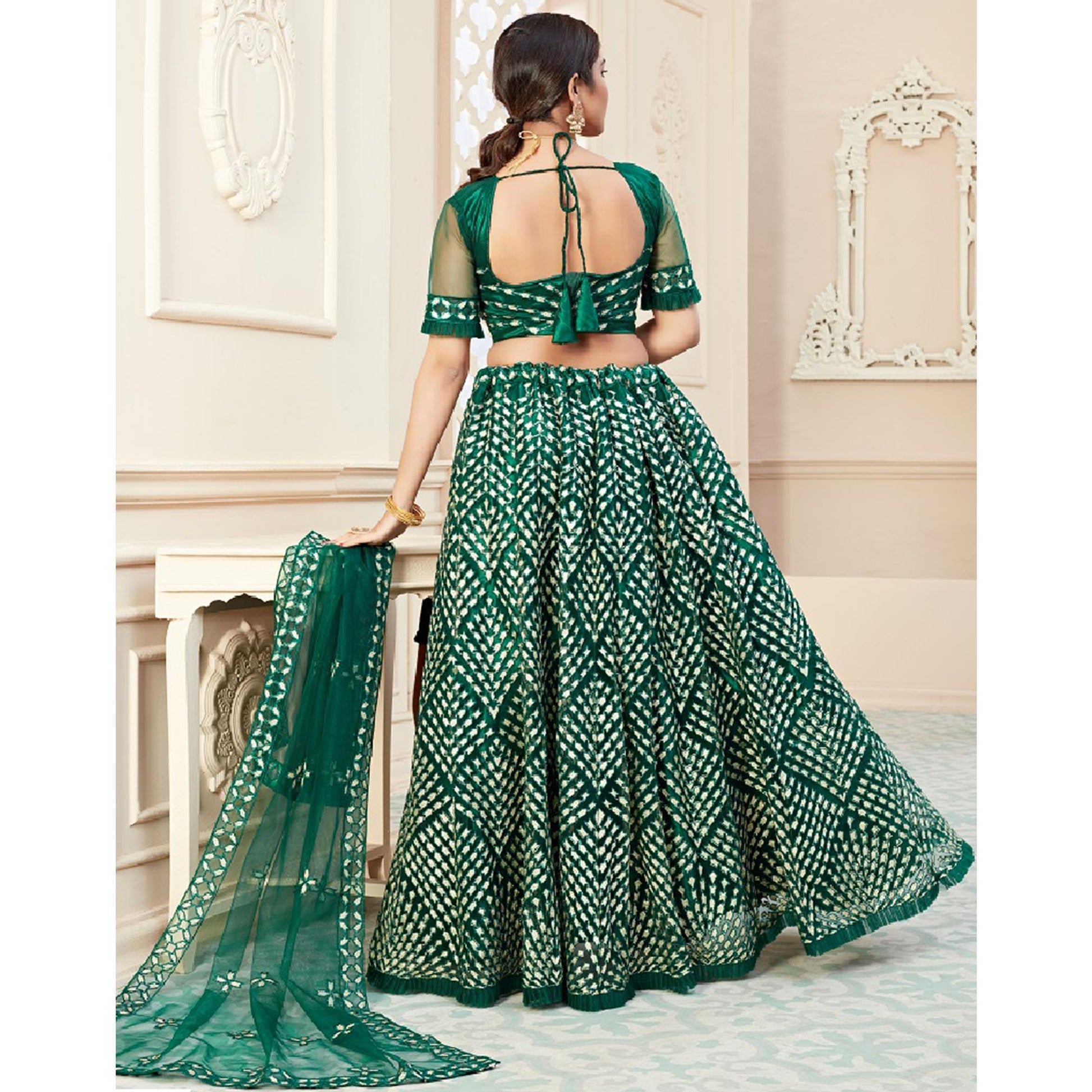 Exotic Green Coloured Thread Embroidery Heavy Net Lehenga Choli