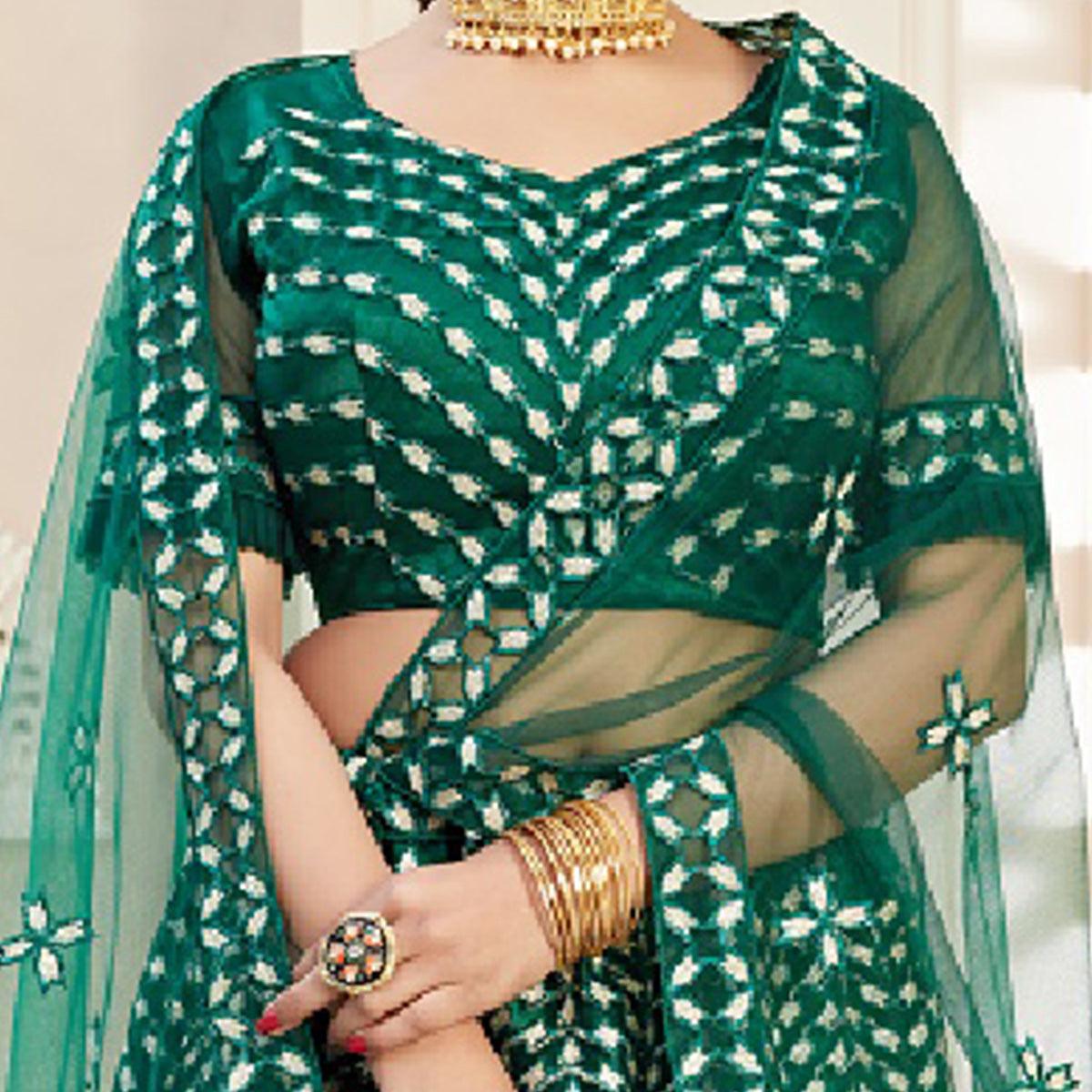 Exotic Green Coloured Thread Embroidery Heavy Net Lehenga Choli