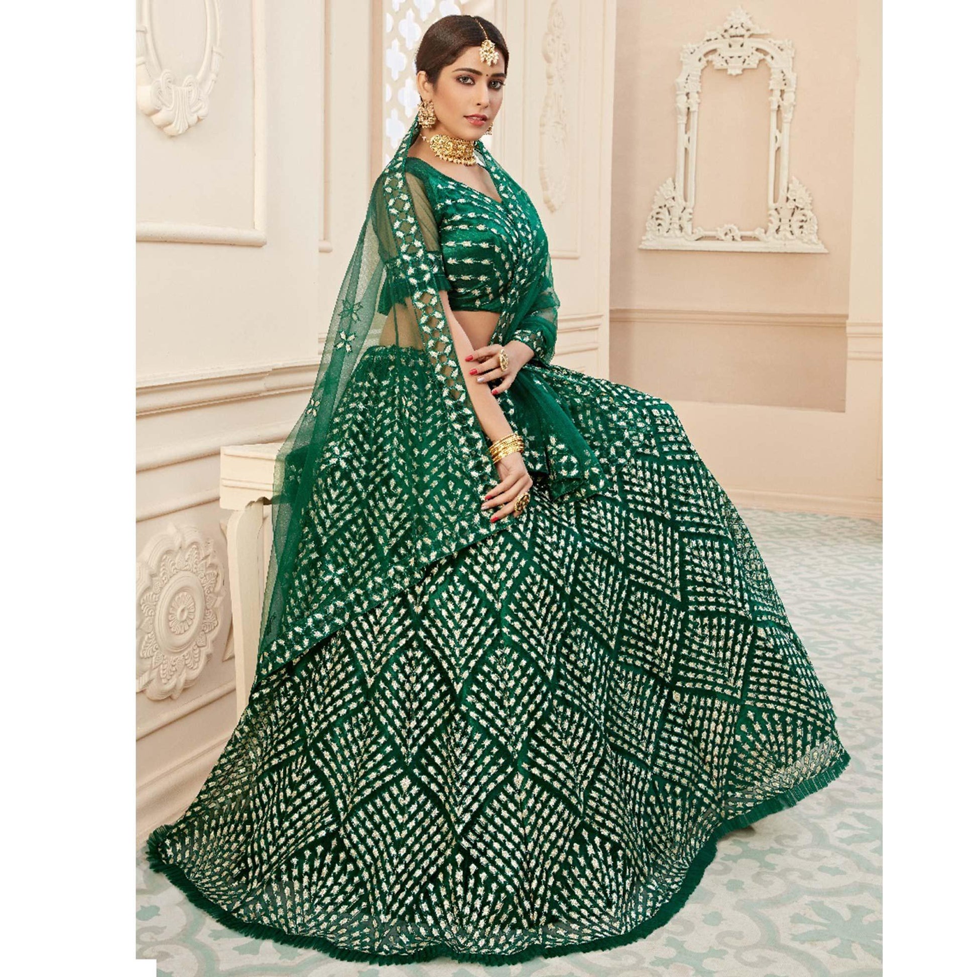 Exotic Green Coloured Thread Embroidery Heavy Net Lehenga Choli