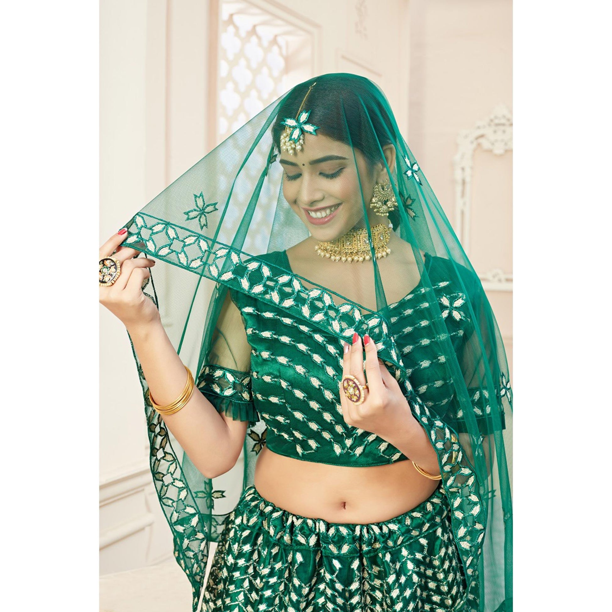 Exotic Green Coloured Thread Embroidery Heavy Net Lehenga Choli