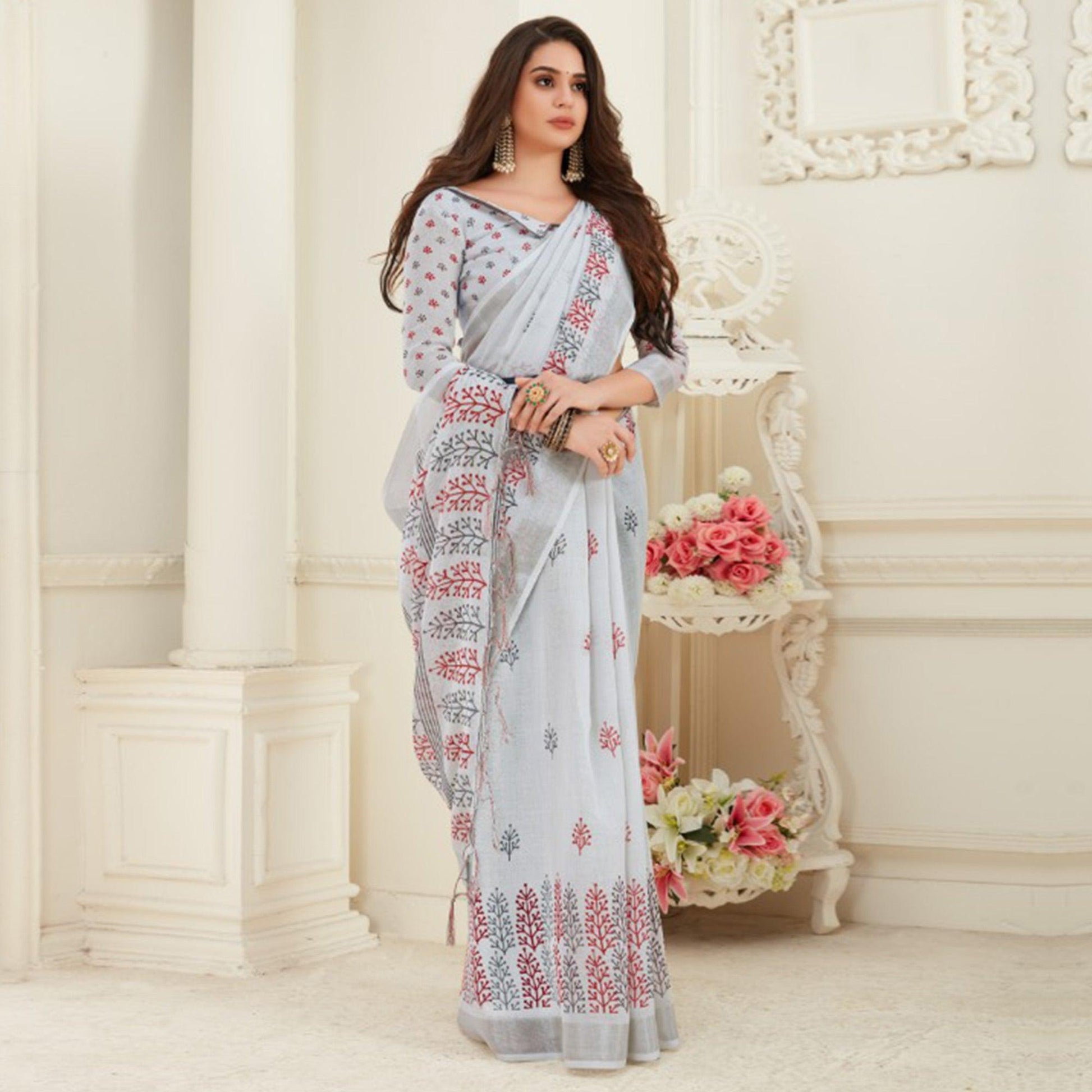 Exotic Grey Colored Casual Printed Linen Saree With Tassels