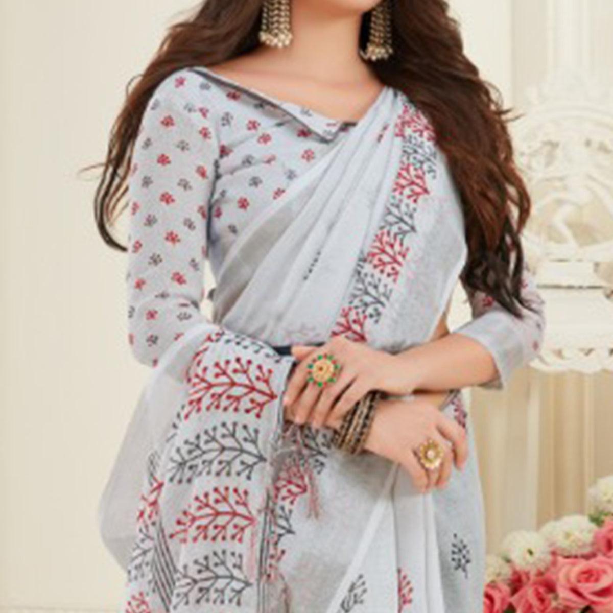 Exotic Grey Colored Casual Printed Linen Saree With Tassels