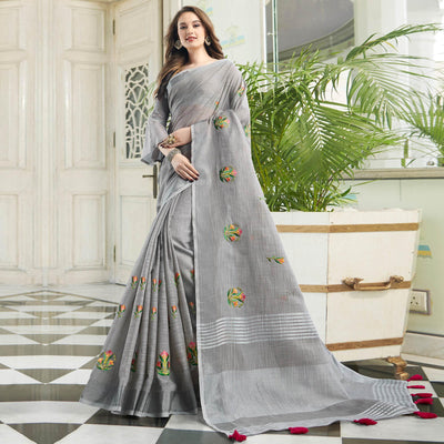 Exotic Grey Colored Casual Wear Floral Embroidered Linen-Cotton Saree With Tassels