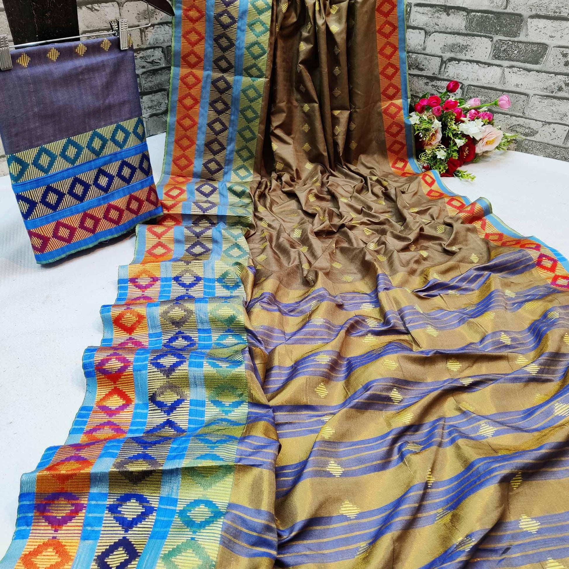 Exotic Grey Colored Festive Wear Woven Cotton Silk Saree