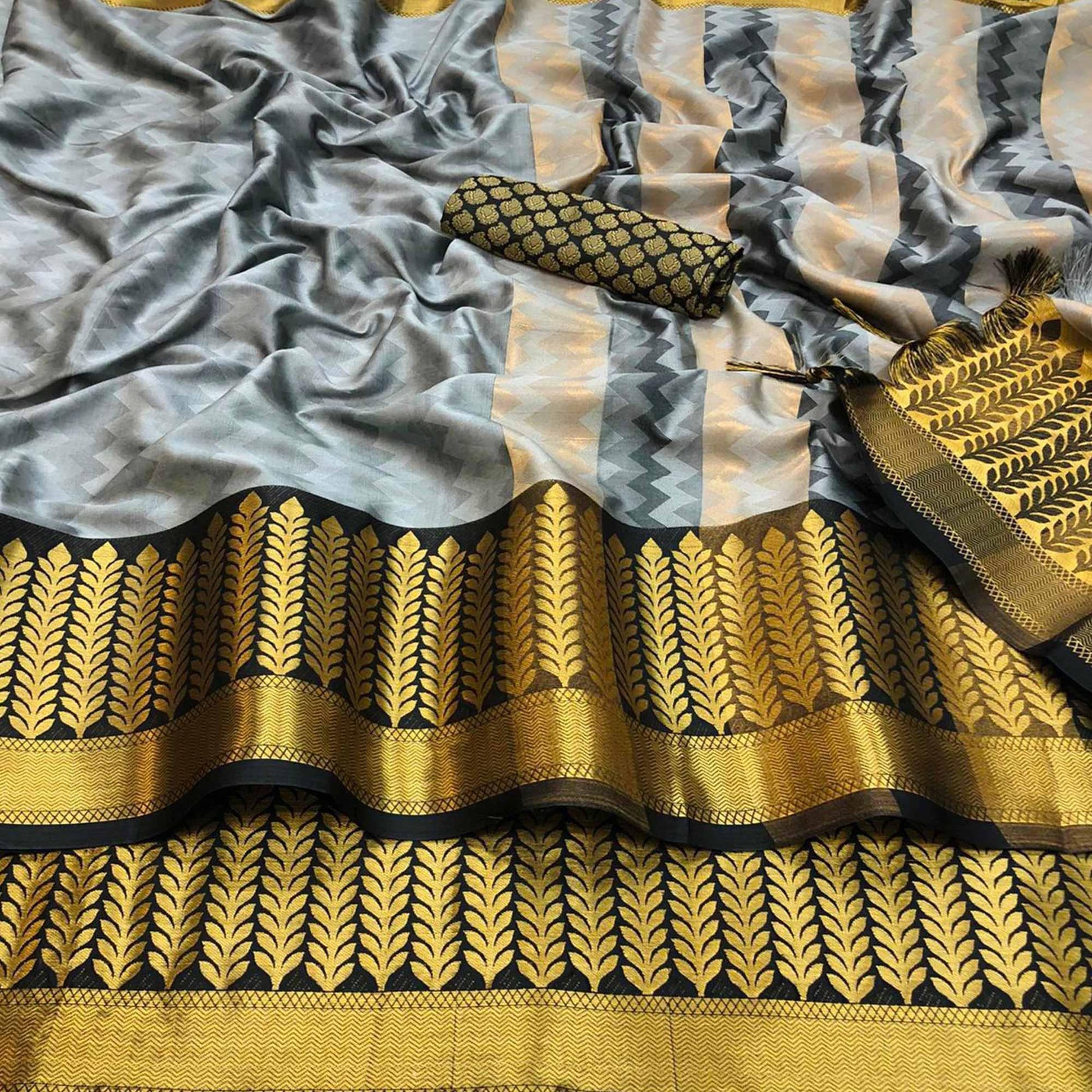 Exotic Grey Colored Festive Wear Woven Cotton Silk Saree