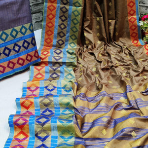 Exotic Grey Colored Festive Wear Woven Cotton Silk Saree