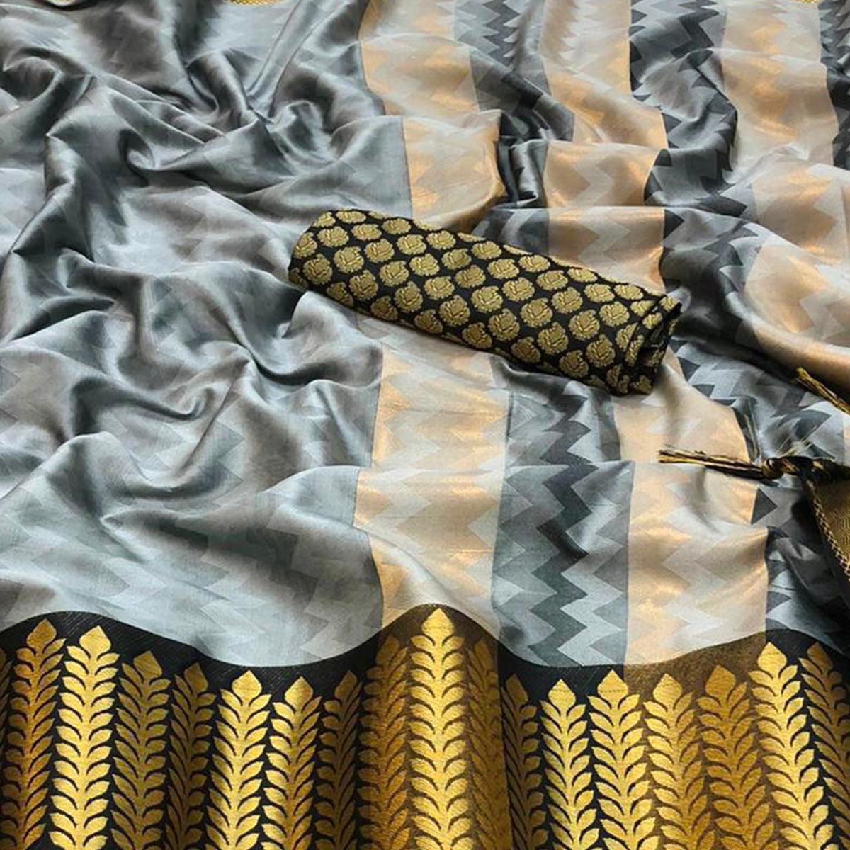 Exotic Grey Colored Festive Wear Woven Cotton Silk Saree