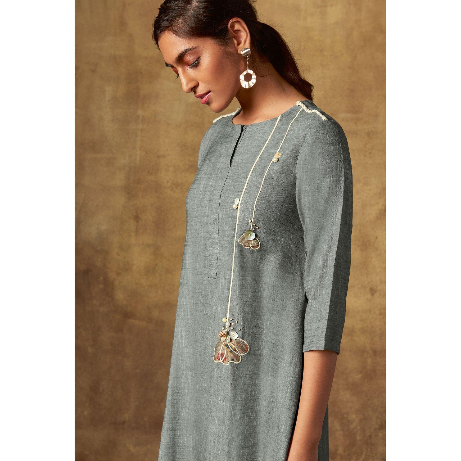 Exotic Grey Colored Party Wear Embroidered Viscose Long Kurti
