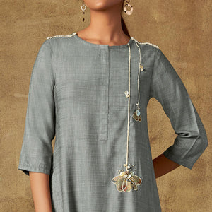 Exotic Grey Colored Party Wear Embroidered Viscose Long Kurti