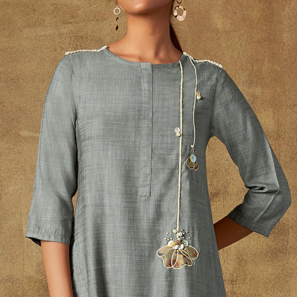Exotic Grey Colored Party Wear Embroidered Viscose Long Kurti