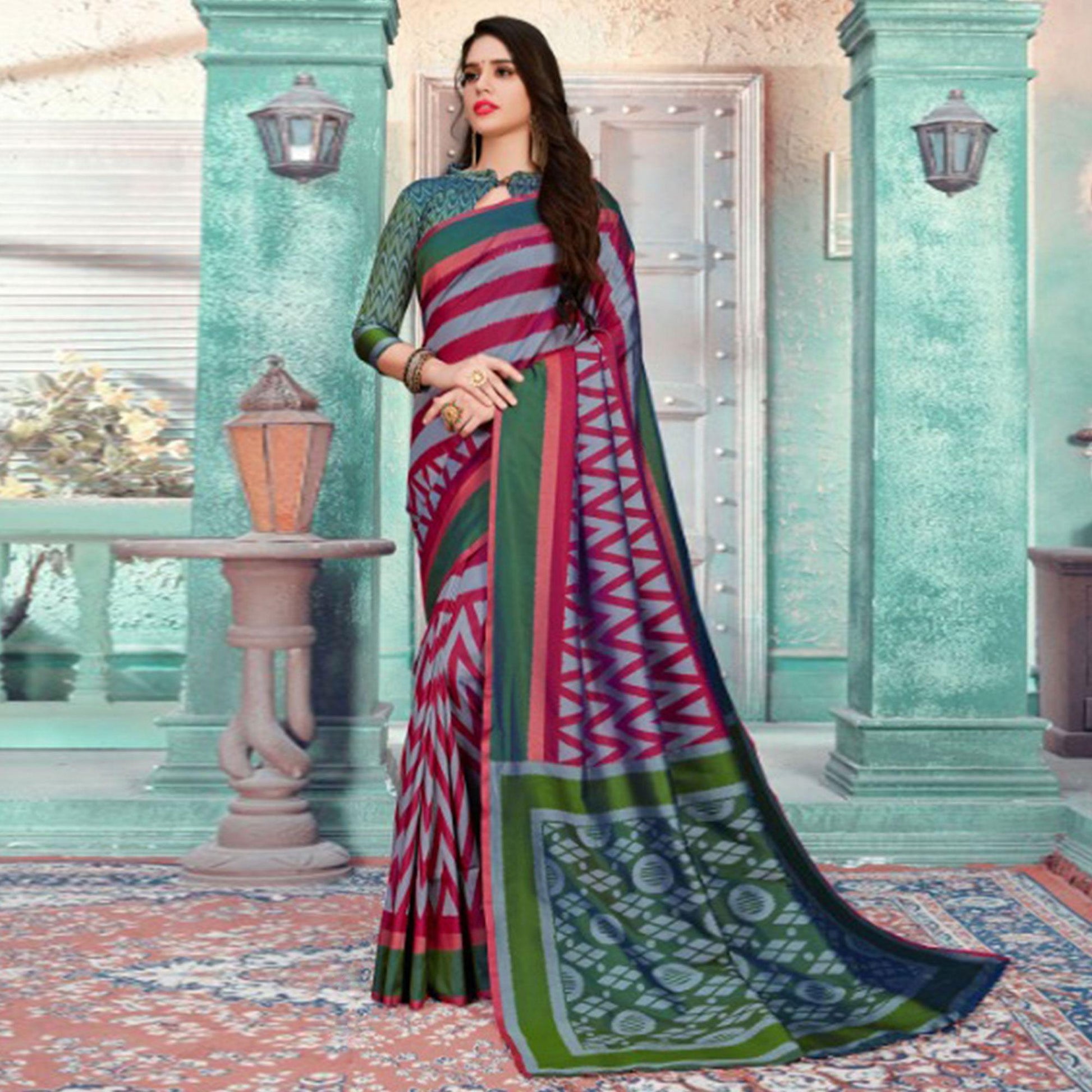 Exotic Grey-Maroon Colored Festive Wear Printed Cotton Silk Saree With Tassels