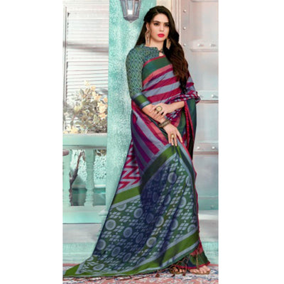 Exotic Grey-Maroon Colored Festive Wear Printed Cotton Silk Saree With Tassels