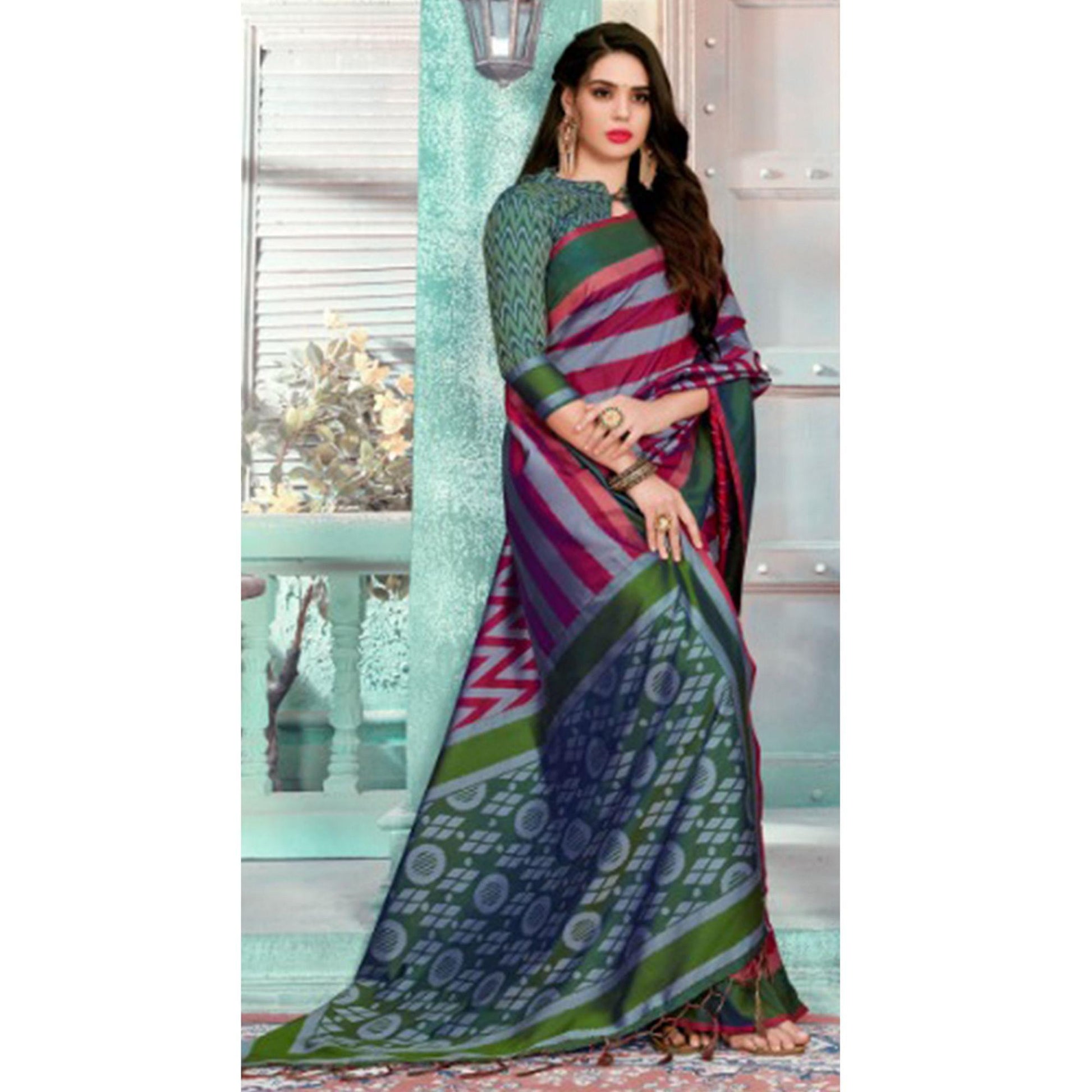 Exotic Grey-Maroon Colored Festive Wear Printed Cotton Silk Saree With Tassels