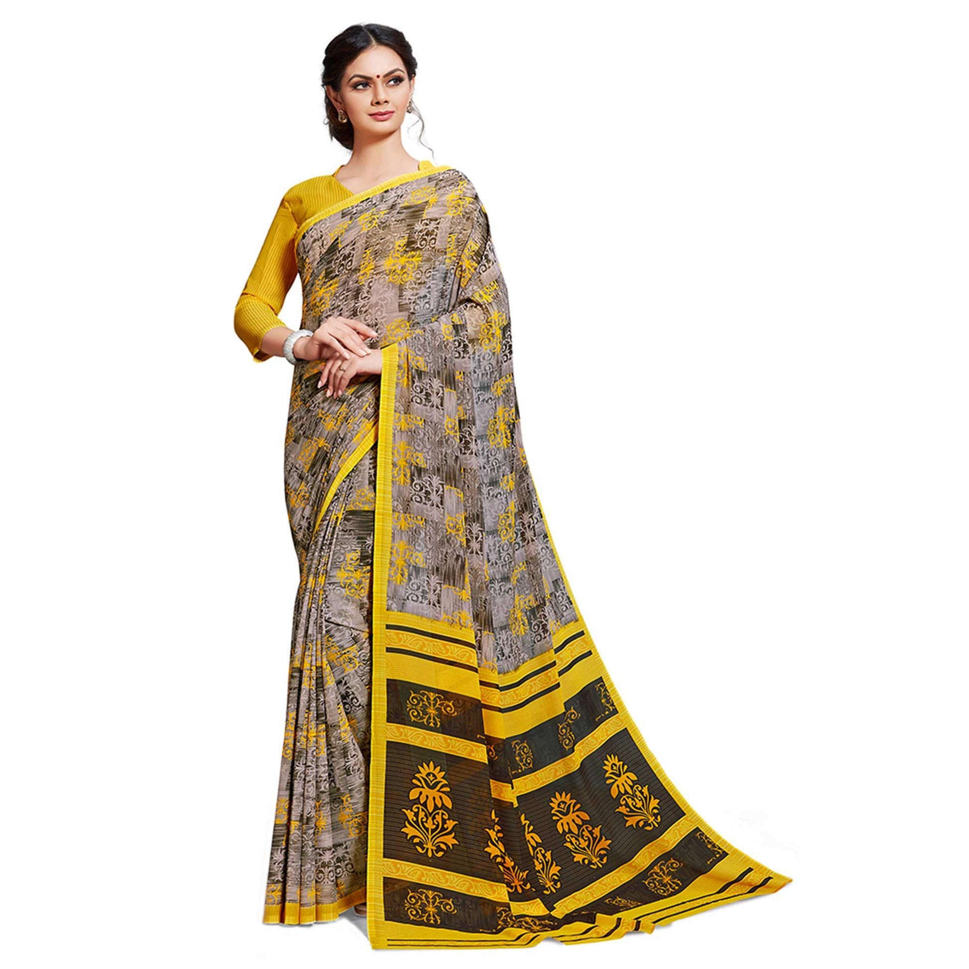 Exotic Grey-Yellow Colored Casual Printed Georgette Saree