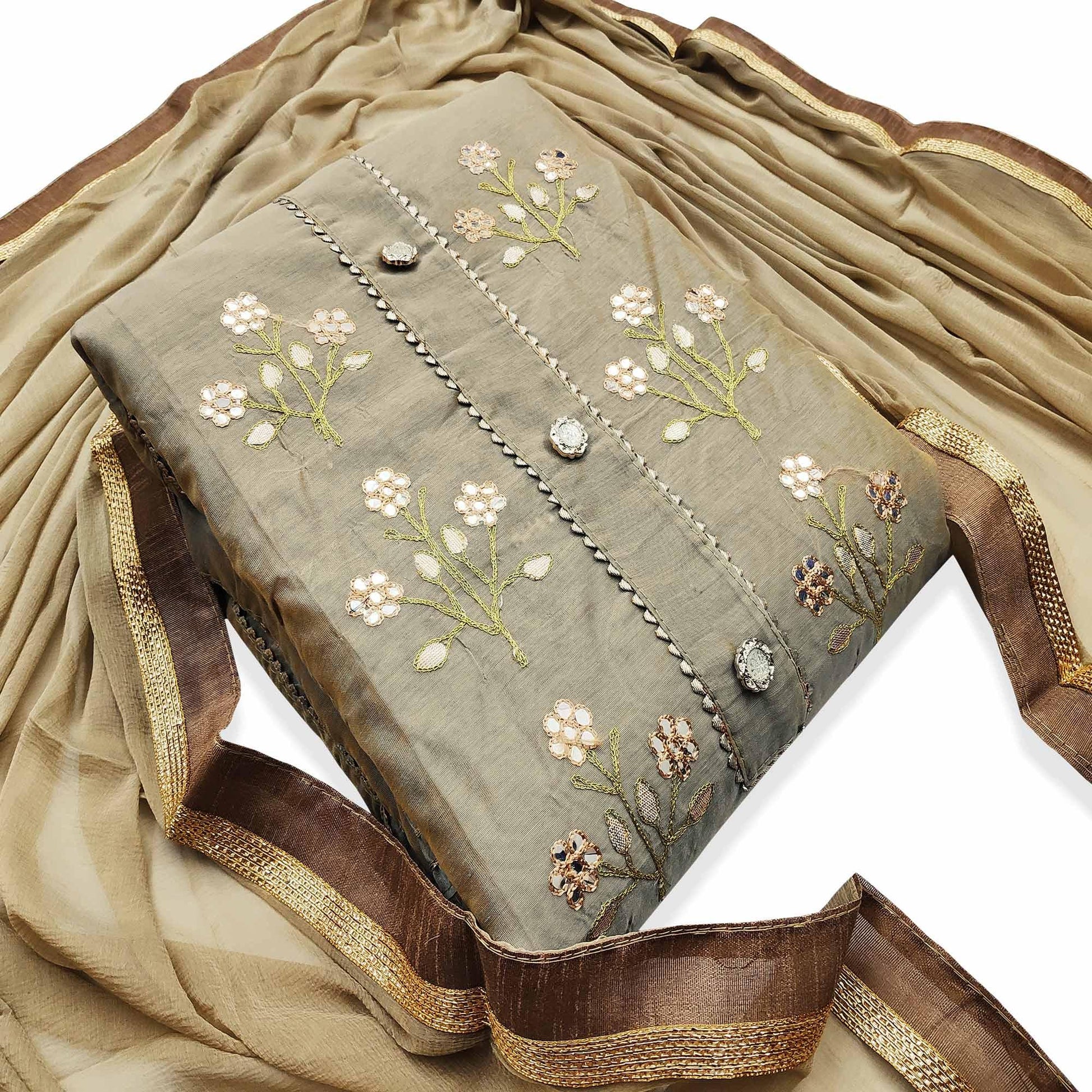 Exotic Light Brown Colored Casual Wear Embroidered Modal Dress Material