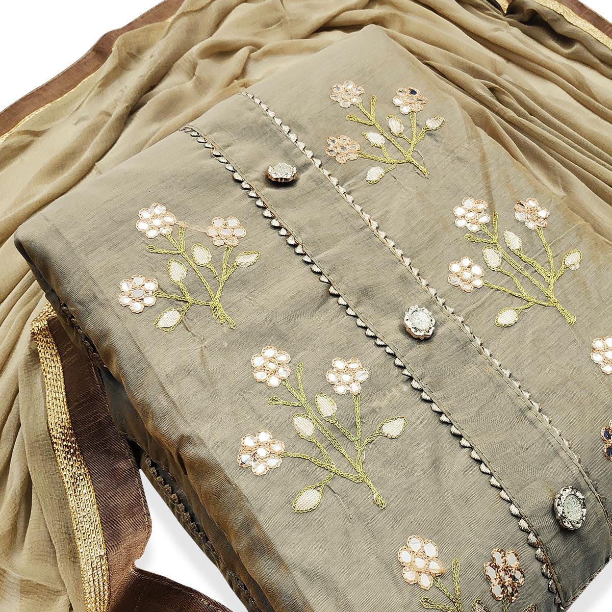 Exotic Light Brown Colored Casual Wear Embroidered Modal Dress Material