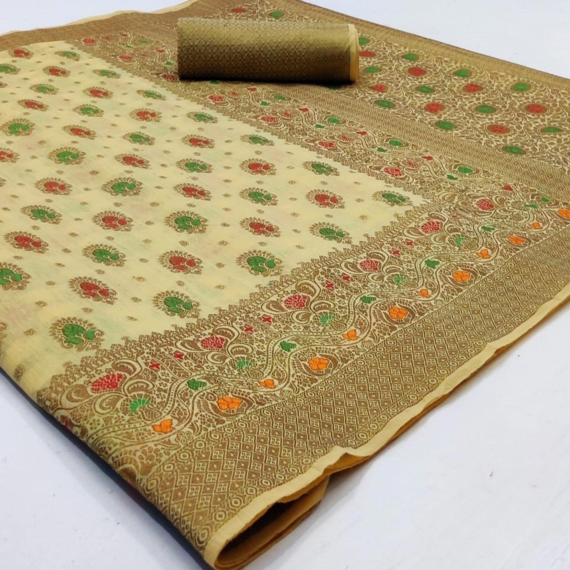 Exotic Light Green Colored Festive Wear Woven Cotton Saree