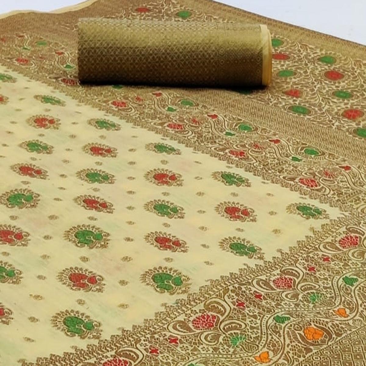 Exotic Light Green Colored Festive Wear Woven Cotton Saree