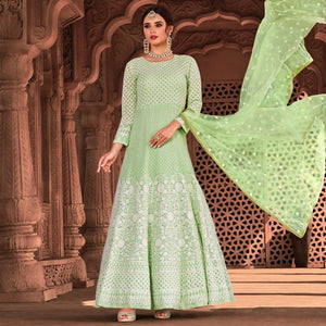 Exotic Light Green Colored Partywear Embroidered Pure Viscose Georgette Anarkali Suit