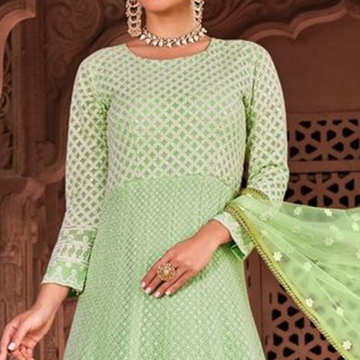 Exotic Light Green Colored Partywear Embroidered Pure Viscose Georgette Anarkali Suit