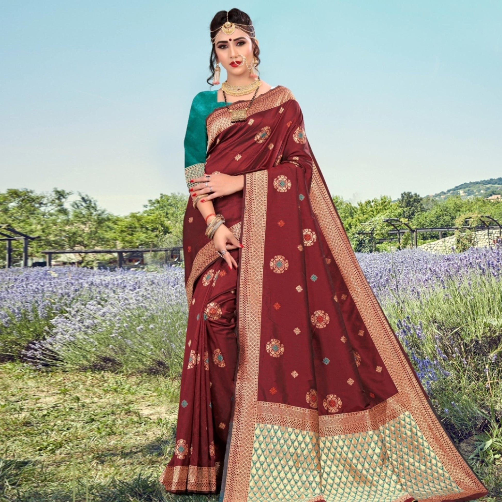 Exotic Maroon Colored Festive Wear Woven Lichi Silk Saree