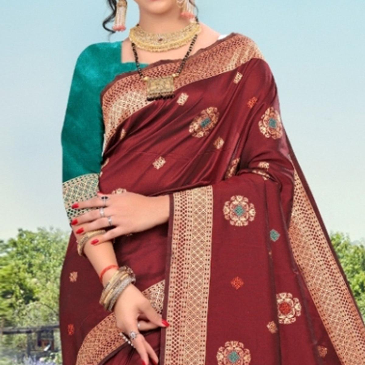 Exotic Maroon Colored Festive Wear Woven Lichi Silk Saree