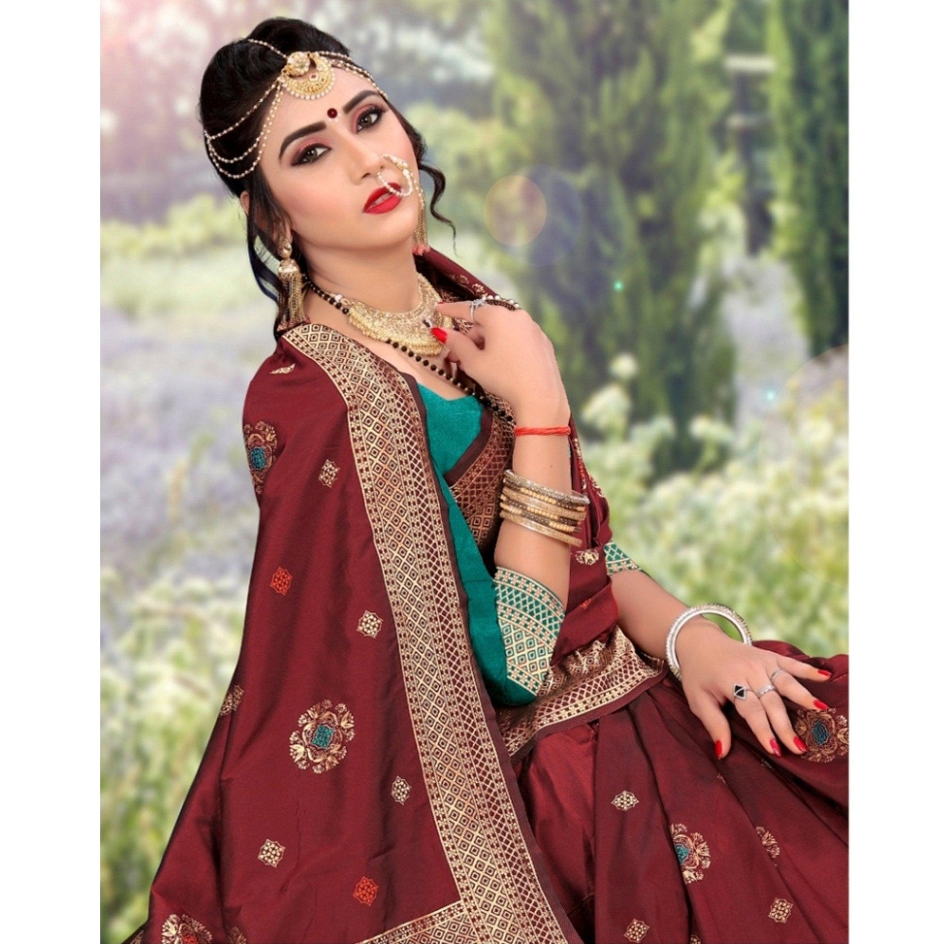 Exotic Maroon Colored Festive Wear Woven Lichi Silk Saree