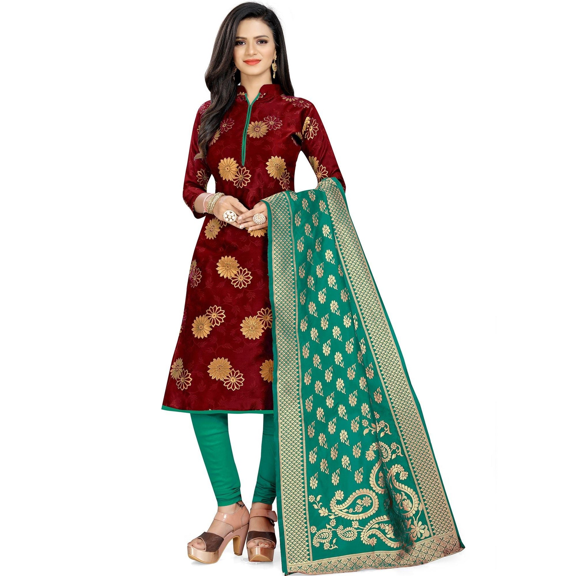 Exotic Maroon Colored Party Wear Woven Banarasi Silk Dress Material