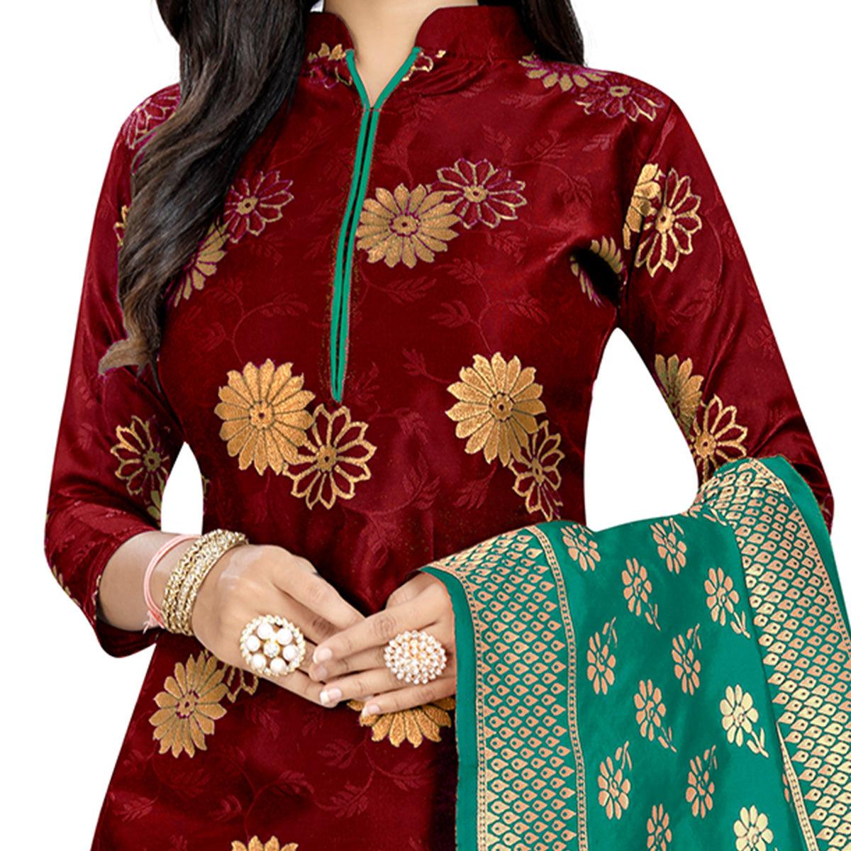 Exotic Maroon Colored Party Wear Woven Banarasi Silk Dress Material