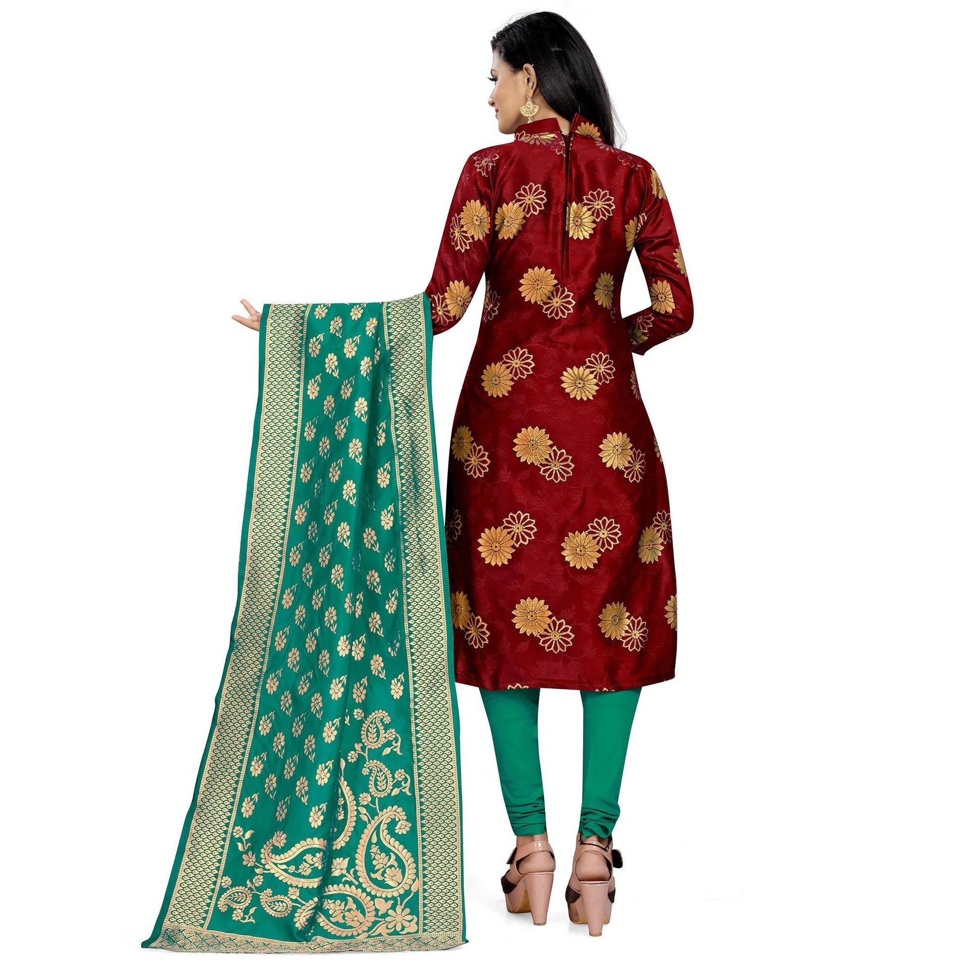 Exotic Maroon Colored Party Wear Woven Banarasi Silk Dress Material
