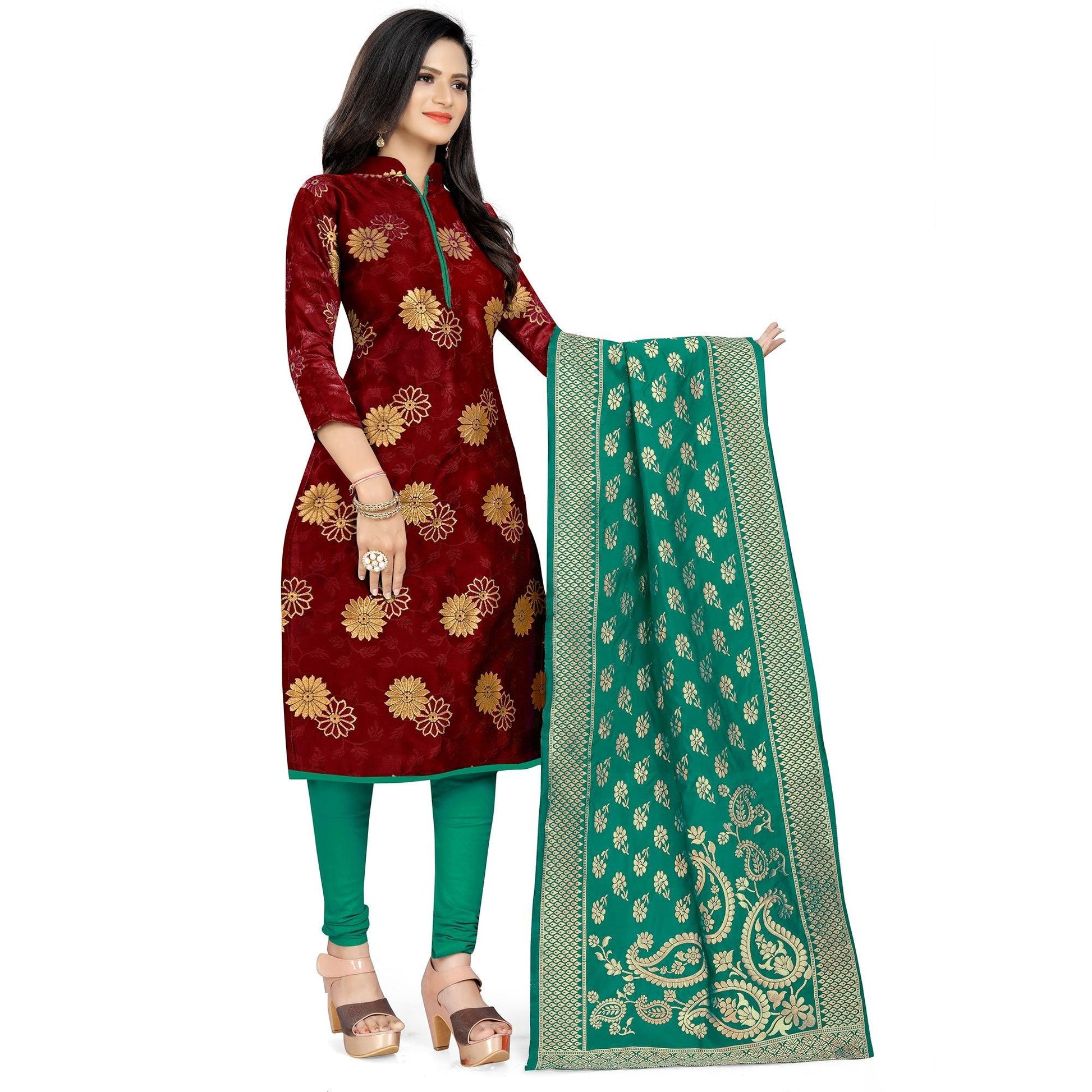 Exotic Maroon Colored Party Wear Woven Banarasi Silk Dress Material