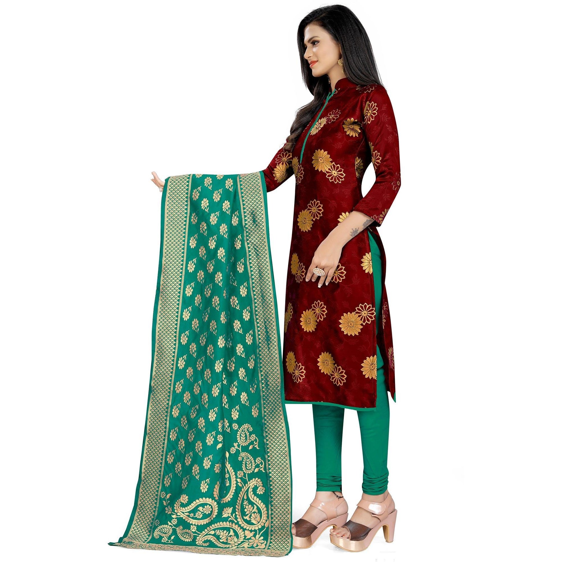 Exotic Maroon Colored Party Wear Woven Banarasi Silk Dress Material