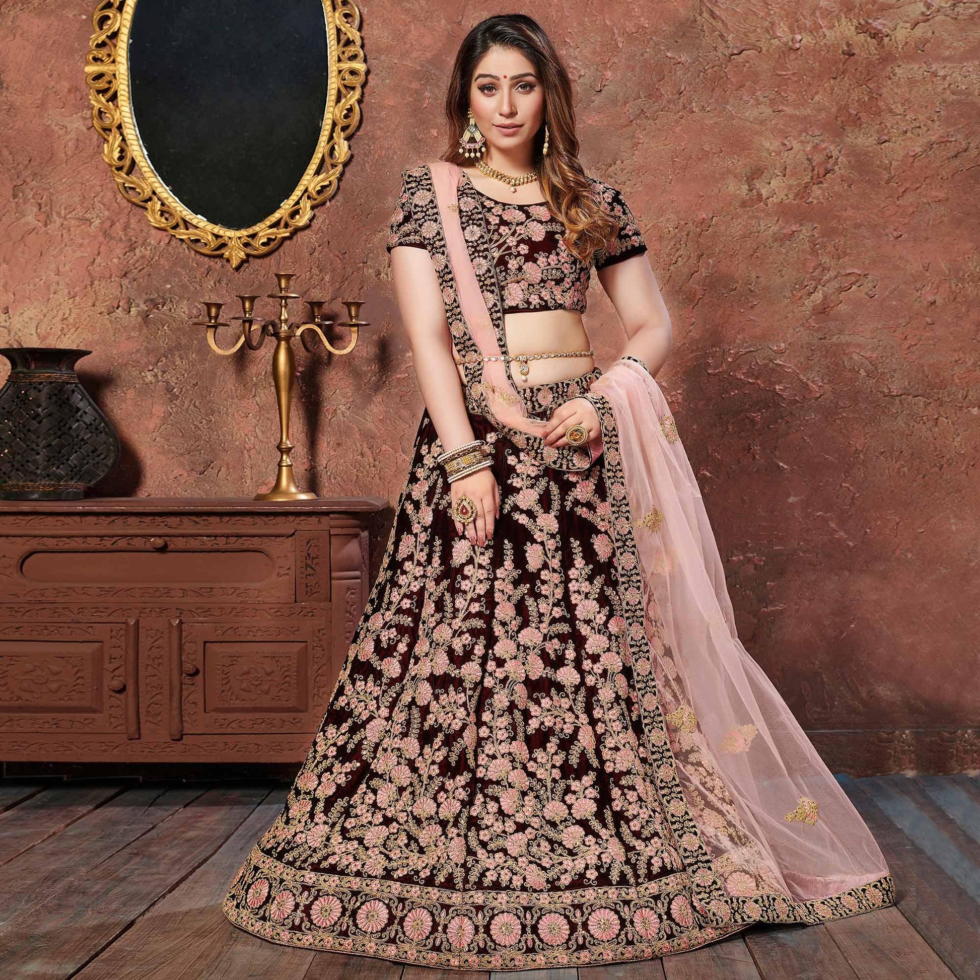 Exotic Maroon Colored Wedding Wear Embroidered Pure Velvet Lehenga Choli