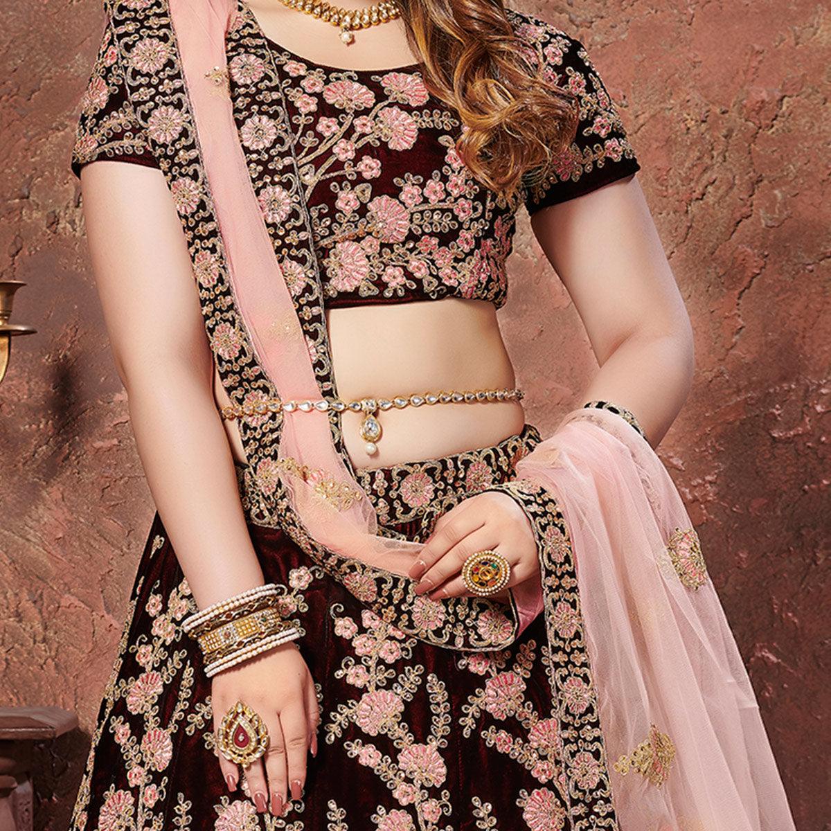 Exotic Maroon Colored Wedding Wear Embroidered Pure Velvet Lehenga Choli