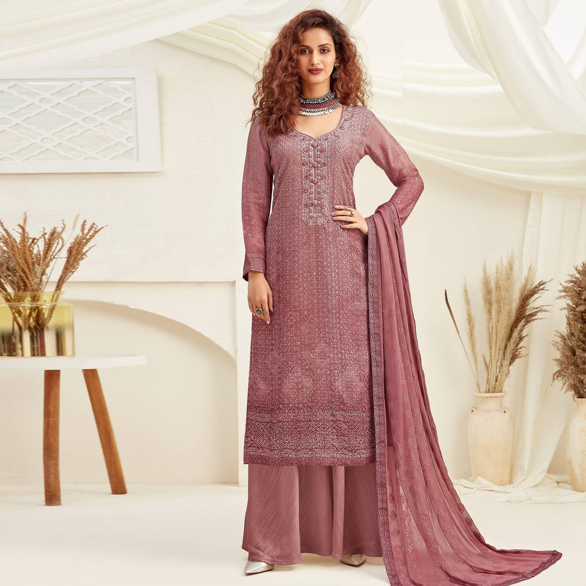 Exotic Mauve Colored Embroidered With Digital Printed Partywear Pure Viscose Chinnon Chiffon Palazzo Suit